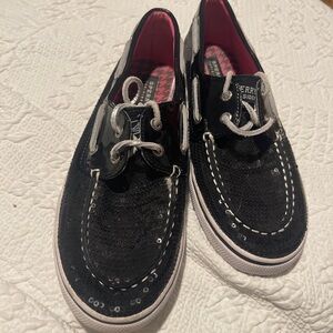 Sperry Womens Sz 5 Black Sequin Patent leather Boat Shoes  arums big